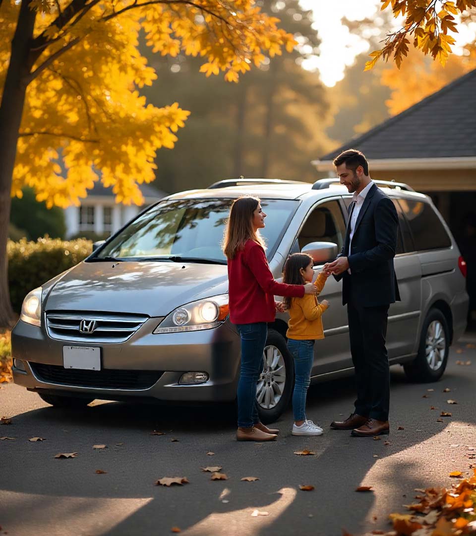 Eine Familie übergibt ein Auto an einen Händler beim Autoankauf Freiberg vor dem Haus